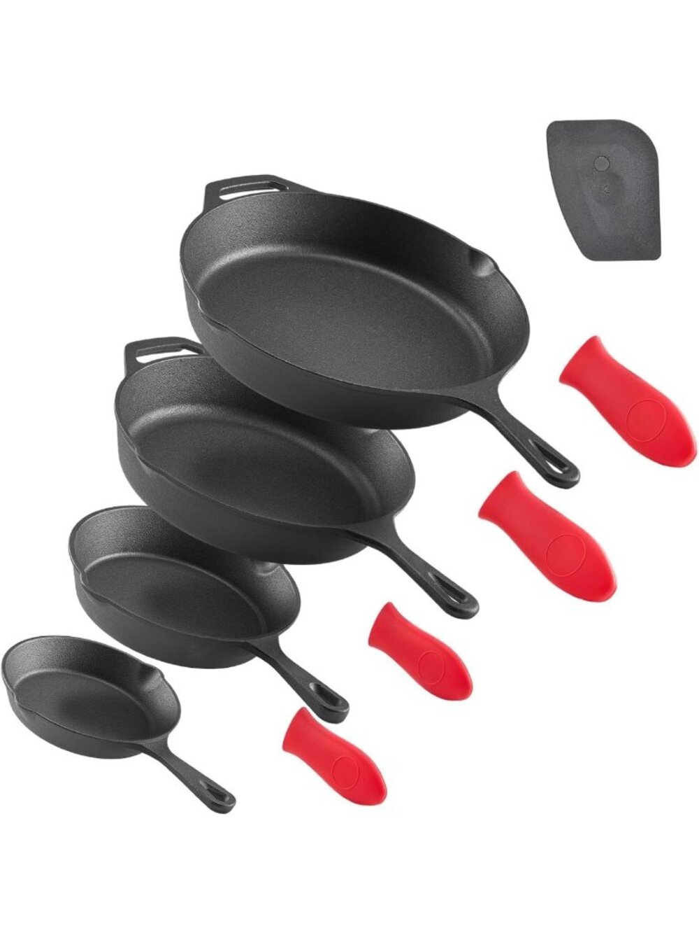 4-Piece Cast Iron Skillet Set - Pre-Seasoned Frying Pans with Silicone Handles